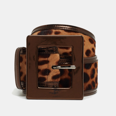 Pre-owned Dolce & Gabbana Bronze/beige Leopard Print Calf Hair And Patent Leather Wide Buckle Belt 80cm In Brown