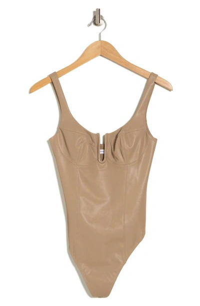 Shop Good American U-neck Corset Faux Leather Bodysuit In Taupe001