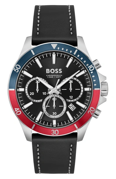 Shop Hugo Boss Troper Chronograph Leather Strap Watch In Black