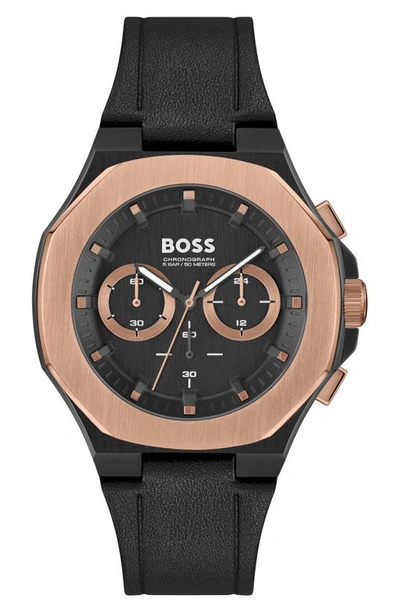 Shop Hugo Boss Taper Chronograph Leather Strap Watch In Black