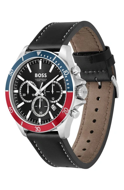 Shop Hugo Boss Troper Chronograph Leather Strap Watch In Black