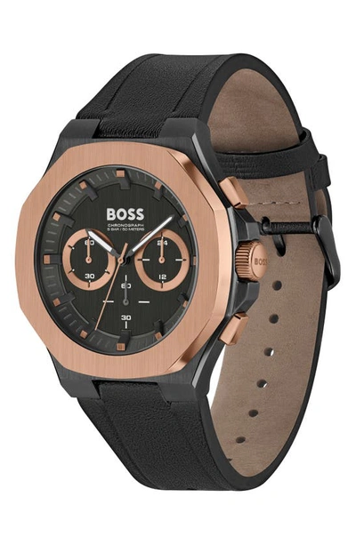 Shop Hugo Boss Boss Taper Chronograph Leather Strap Watch In Black