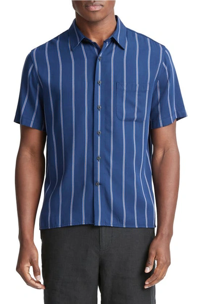 Shop Vince Pacifica Stripe Short Sleeve Button-up Shirt In Royal Blue/ Cobalt