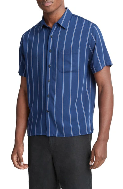 Shop Vince Pacifica Stripe Short Sleeve Button-up Shirt In Royal Blue/ Cobalt
