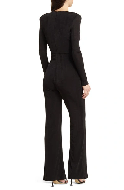 Shop Misha Collection Thelka Knot Detail Plunge Long Sleeve Flare Jumpsuit In Black Nord Exclusive