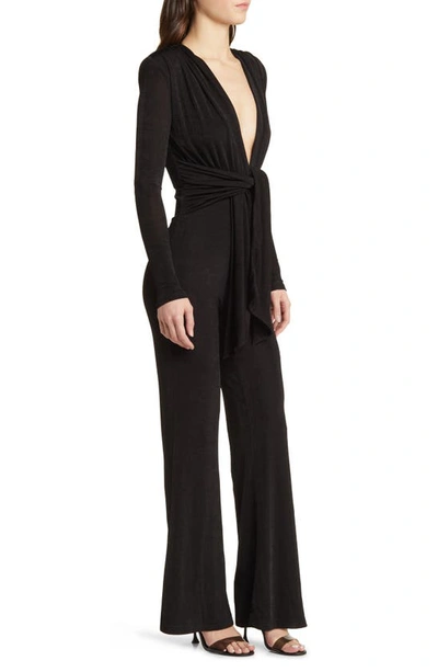 Shop Misha Collection Thelka Knot Detail Plunge Long Sleeve Flare Jumpsuit In Black Nord Exclusive