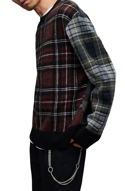 Shop Allsaints Ness Plaid Wool Blend Crewneck Sweater In Black/ Maroon Red