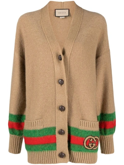 Shop Gucci Web Detail Wool Cardigan In Camel