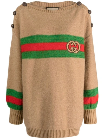 Shop Gucci Web Detail Wool Top In Camel