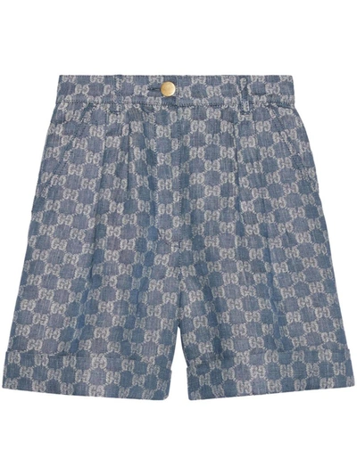 Shop Gucci Gg Supreme Linen Shorts In Blue