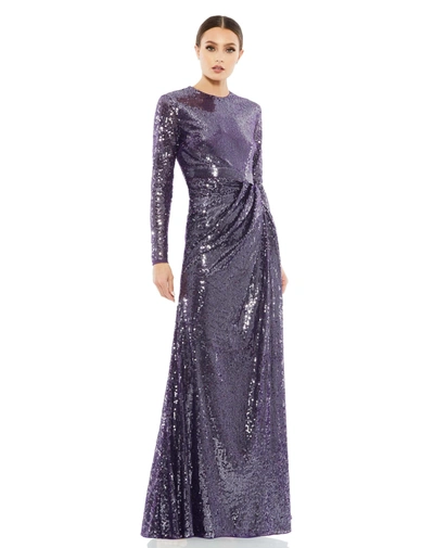 Shop Mac Duggal Sequined High Neck Long Sleeve Draped Gown In Purple