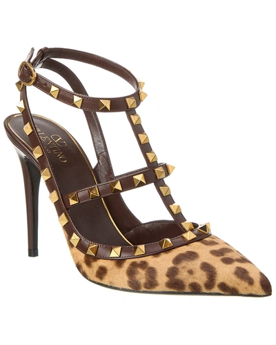 Shop Valentino Rockstud Caged 100 Haircalf & Leather Pump In Brown