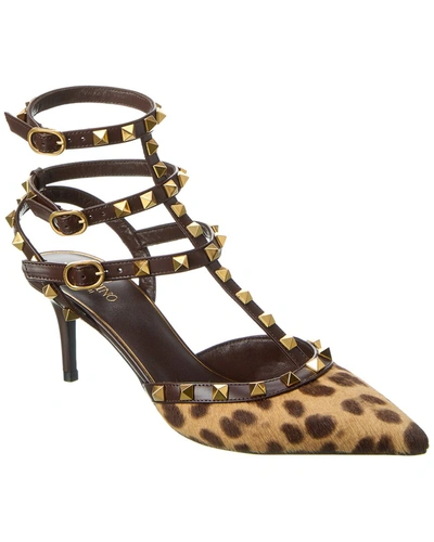 Shop Valentino Rockstud Caged 65 Haircalf & Leather Ankle Strap Pump In Brown