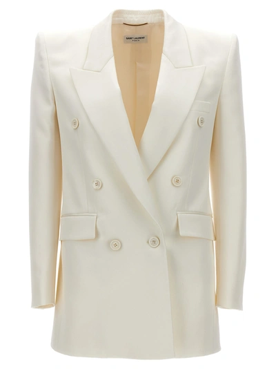 Shop Saint Laurent Double Breast Silk Blazer Jacket Jackets White
