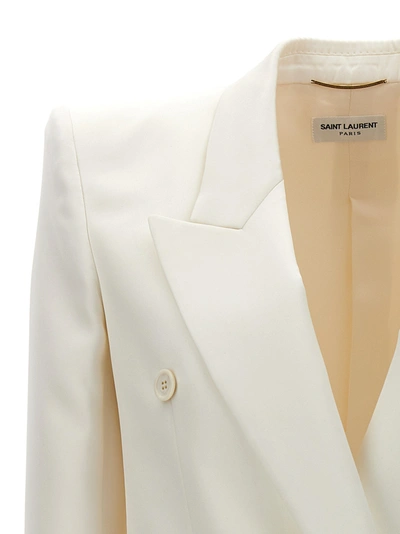 Shop Saint Laurent Double Breast Silk Blazer Jacket Jackets White