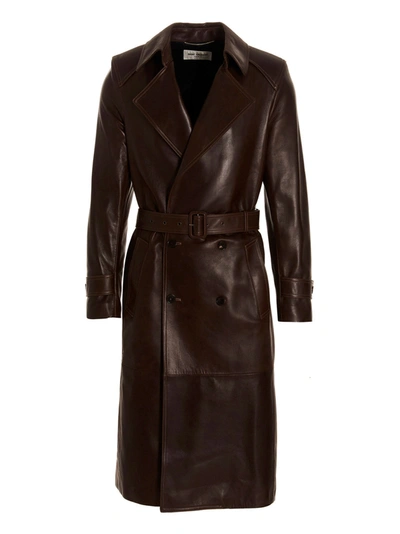 Shop Saint Laurent Double-breasted Leather Trench Coat Coats, Trench Coats Brown