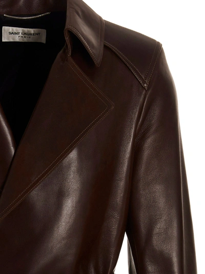 Shop Saint Laurent Double-breasted Leather Trench Coat Coats, Trench Coats Brown