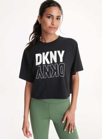Shop Dkny Women's Flip Reflect Logo Boxy Cropped T-shirt In Black