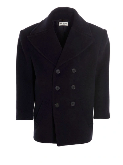 Shop Saint Laurent Wool Double Breast Coat Coats, Trench Coats Blue