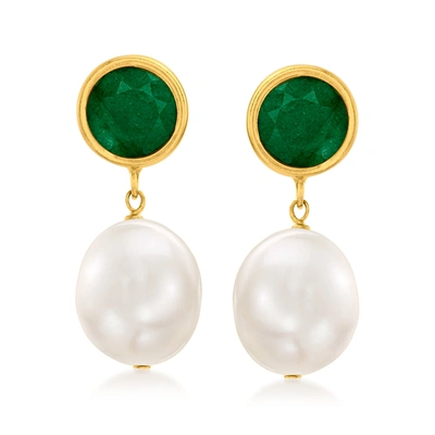 Ross-simons 9.5-10mm Cultured Pearl And Emerald Drop Earrings In 14kt Yellow Gold In Green