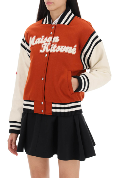 Shop Maison Kitsuné Leather Sleeve Varsity Bomber In Burnt Red (red)