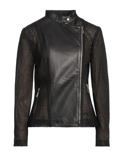 Shop Angelo Marani Woman Jacket Black Size 12 Soft Leather, Polyester