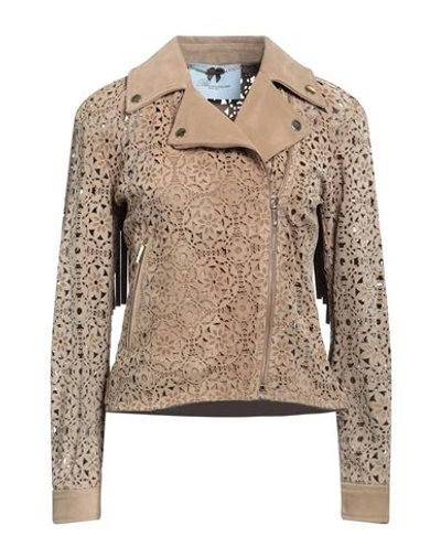 Shop Blumarine Woman Jacket Camel Size 8 Bovine Leather In Beige