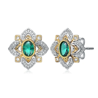 Shop Rachel Glauber Rhodium And 14k Gold Plated Emerald Cubic Zirconia Stud Earrings In Silver