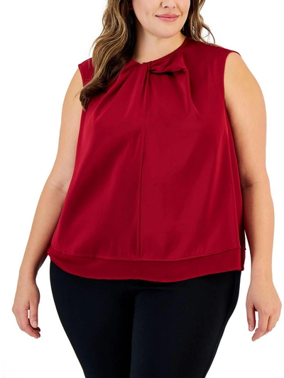Shop Calvin Klein Womens Knot-front Mixed Media Blouse In Red