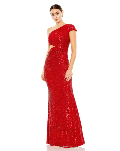 Ieena For Mac Duggal Sequined One Shoulder Cap Sleeve Cut Out Gown In Red