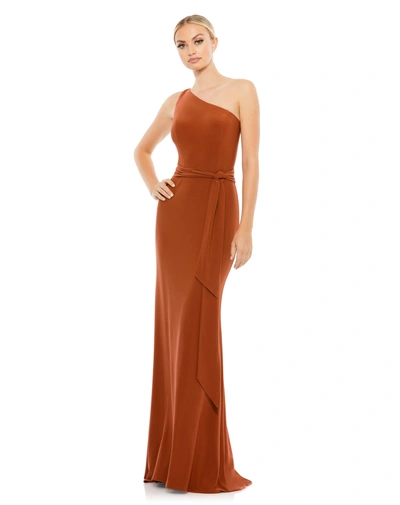 Shop Ieena For Mac Duggal Jersey One Shoulder Belted Trumpet Gown In Red