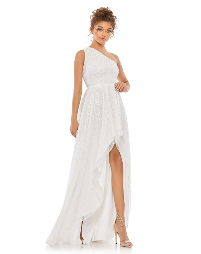 Shop Mac Duggal Embellished One Shoulder Hi-lo Gown In White