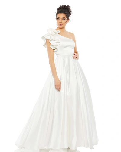 Shop Mac Duggal Satin Ruffle Sleeve Ball Gown In White