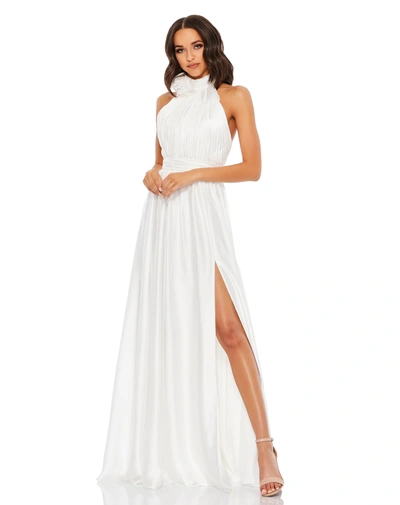 Shop Mac Duggal Soft Tie Halter Neck High Slit Gown In White