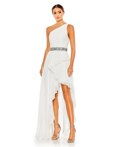 Mac Duggal Pleated One Shoulder Asymmetrical Ruffle Hem Gown In White