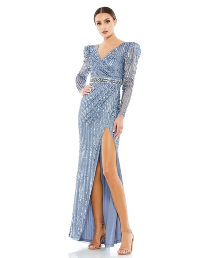 Shop Mac Duggal Sequin Puff Sleeve Surplice Gown In Blue