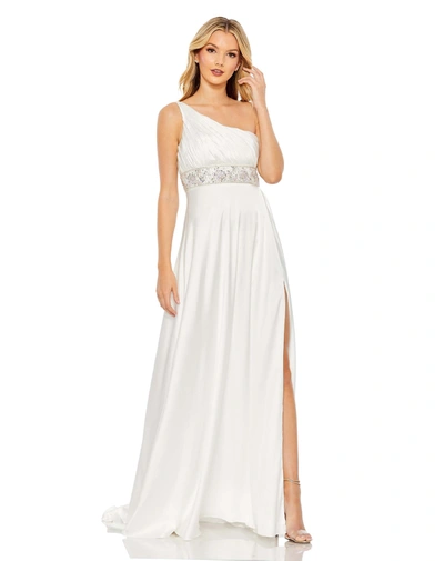 Shop Mac Duggal Pleated One Shoulder Beaded Waist Gown In White