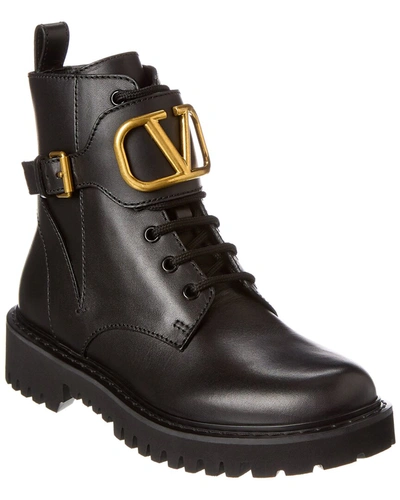 Shop Valentino Vlogo 35 Leather Combat Boot In Black