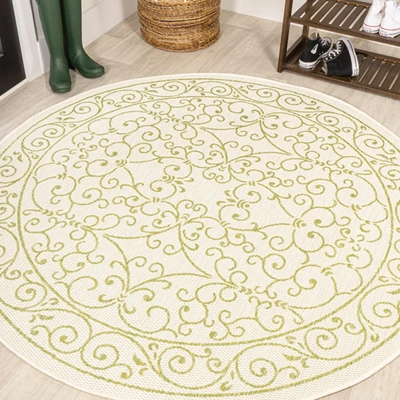 Jonathan Y Charleston Vintage Filigree Textured Weave Indoor/outdoor Green/cream Round Area Rug