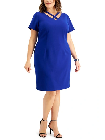 Shop Connected Apparel Plus Womens Cross-front Knee Sheath Dress In Blue