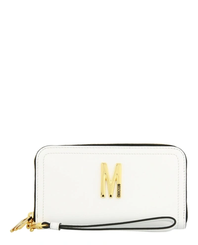 Shop Moschino Logo Leather Zip Wallet In White