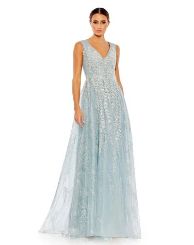 Shop Mac Duggal Embroidered Sleeveless A Line Gown In Blue