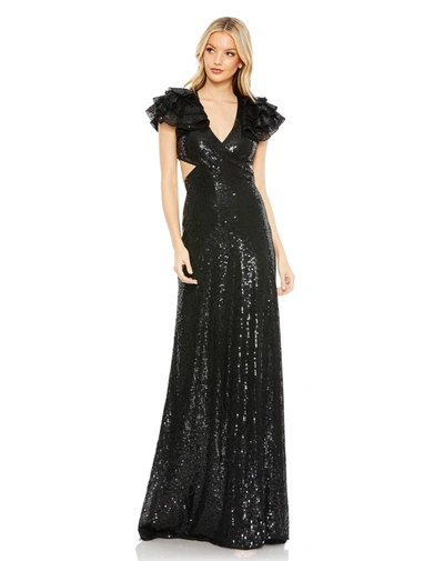 Shop Mac Duggal Sequined Ruffled Cut Out Lace Up Gown In Black