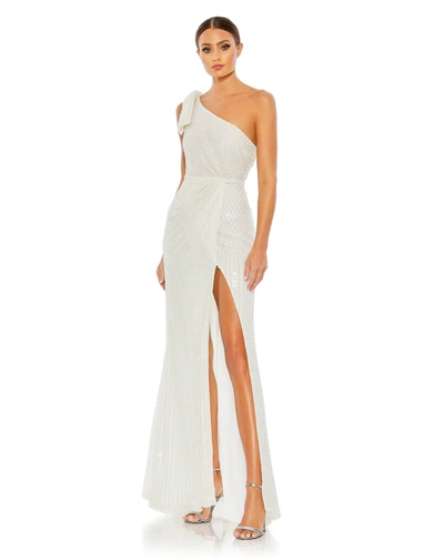 Shop Mac Duggal Pearl Embellished Soft Tie One Shoulder Gown In White