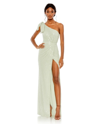 Shop Mac Duggal Pearl Embellished Soft Tie One Shoulder Gown In Green
