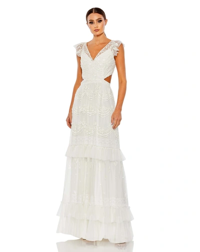 Shop Mac Duggal Sequined Rufffled Cap Sleeve Cut Out Tiered Gown In White
