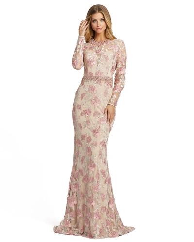 Shop Mac Duggal Floral Embroidered Illusion Long Sleeve Trumpet Gown In Pink