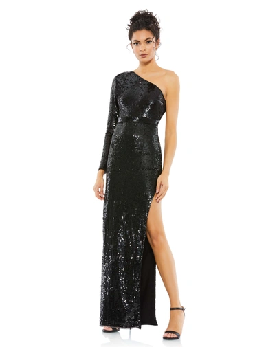 Shop Mac Duggal Sequined One Sleeve High Slit Gown In Black