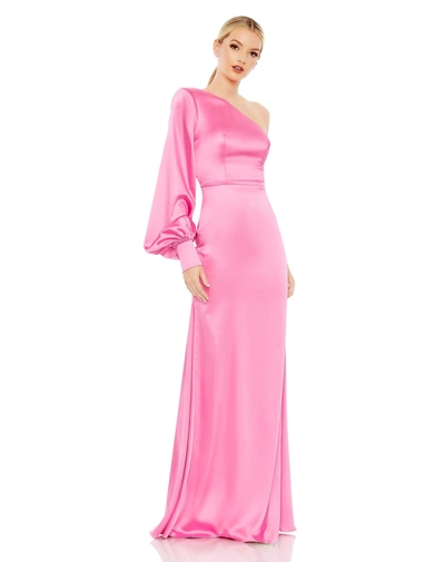 Shop Ieena For Mac Duggal One Shoulder Bishop Sleeve Trumpet Gown In Pink