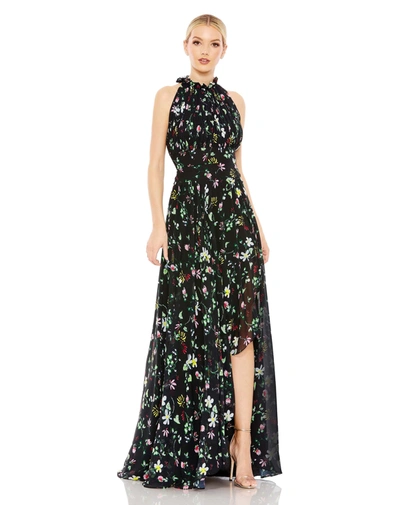 Shop Ieena For Mac Duggal Floral Print Asymmetrical Ruffle Slit Halter Gown In Multi